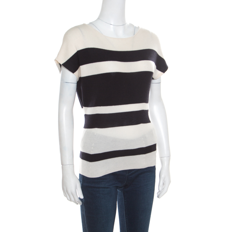 

Christian Dior Monochrome Striped Slit Back Detail Tapered Waist Sweater Top, Cream