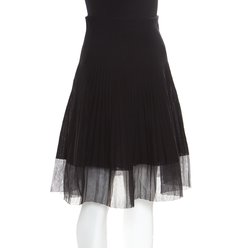 

Dior Black Cotton Pleated Sheer Hem Detail Flared Midi Skirt