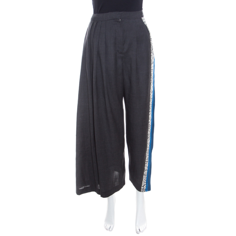 Pre Owned Dior Grey Wool Contrast Lace Panel Detail High Waist Wide Leg Pants S