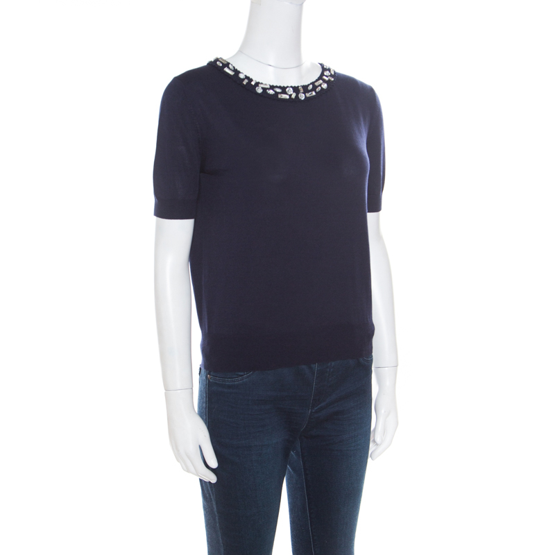 

Christian Dior Navy Blue Cotton Silk Crystal Embellished Collar Sweater Top