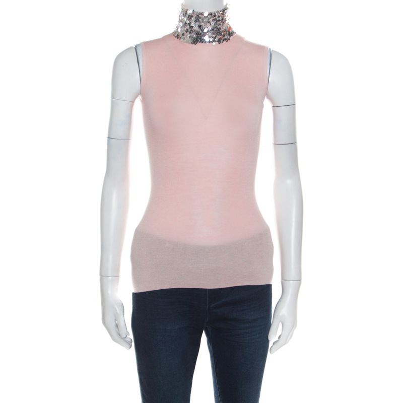 Christian Dior Rose Pink Silk Wool Sequin Paillette Embellished Collar Sleeveless Top S