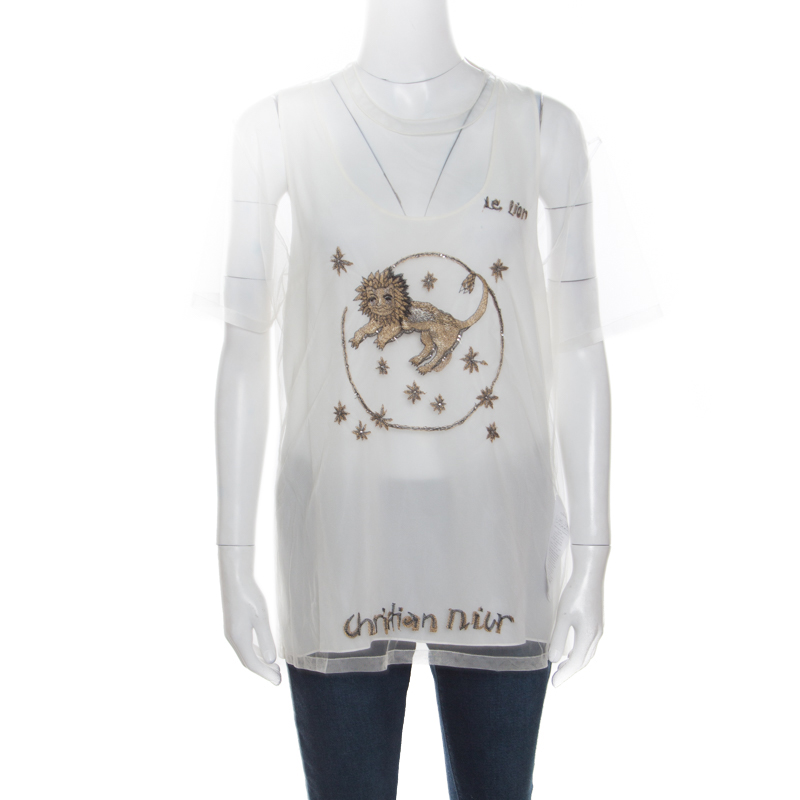 Dior Off White Metallic Le Lion Embroidered Mesh Layered Top L