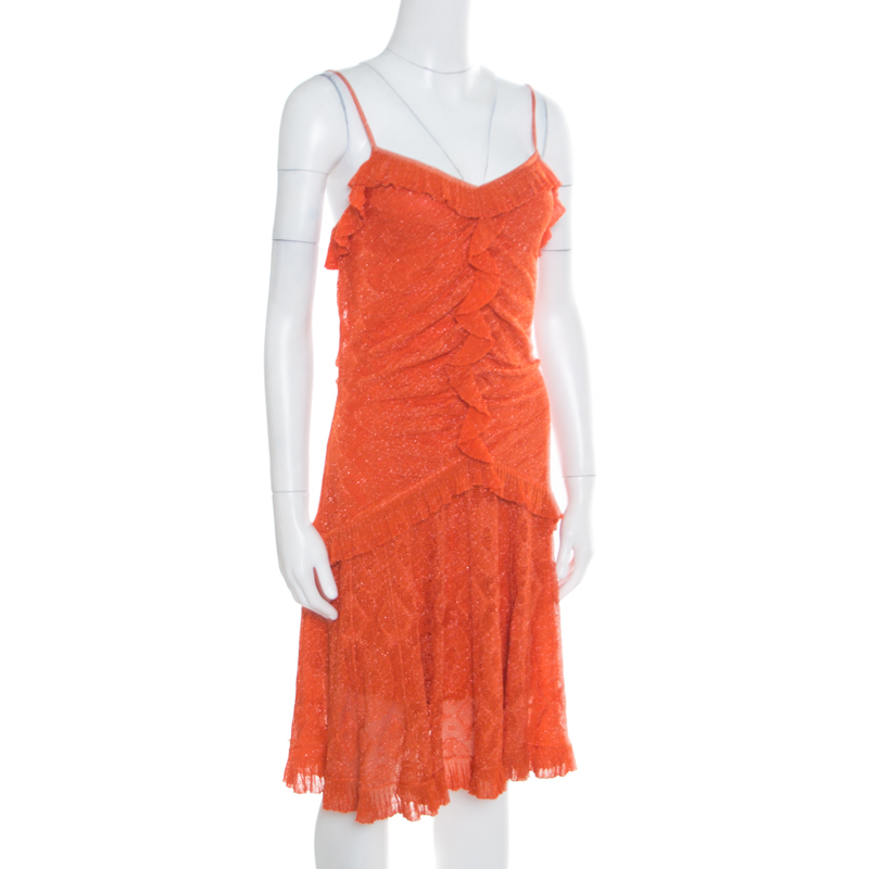 

Dior Orange Perforated Lurex Knit Ruffled Sleeveless Dress