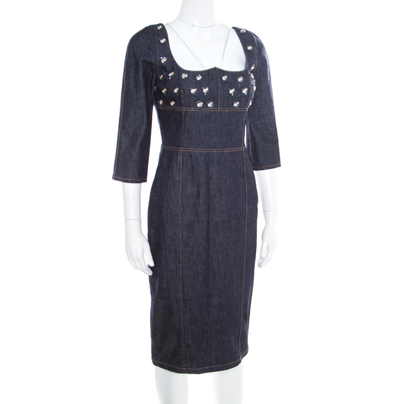 

Dior Indigo Dark Wash Denim Bee Embellished Back Tie Detail Dress, Blue