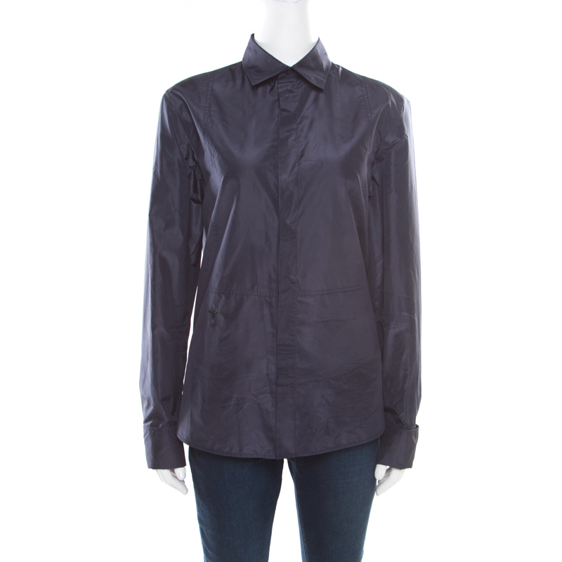 Dior Navy Blue Coated Silk Logo Embroidered Button Down Shirt  M