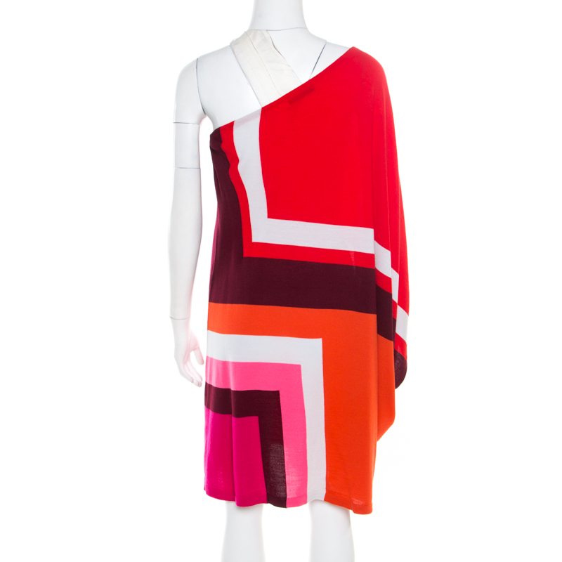 Pre-owned Dior Multicolor Geometric Pattern Wool One Shoulder Mini Dress S
