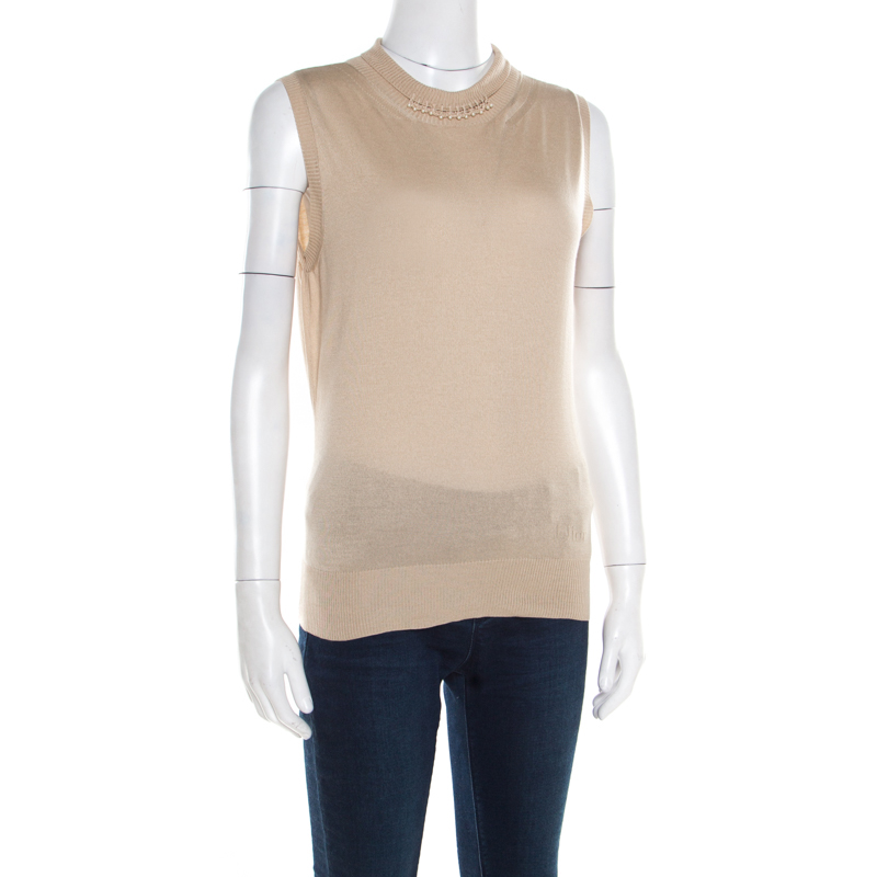 

Christian Dior Beige Silk and Merino Blend High Collar Sleeveless Beaded Top