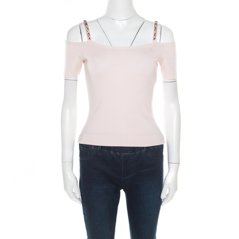 Dior Blush Pink Wool Embellished Strap Detail Cold Shoulder Crop Top S