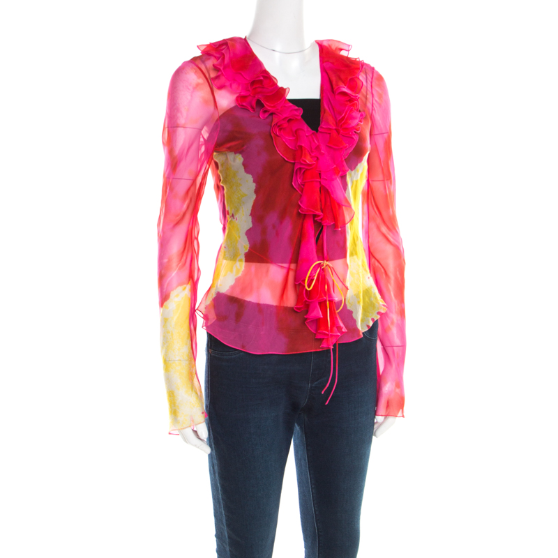 

Christian Dior Pink and Yellow Printed Sheer Silk Wrap Top, Multicolor