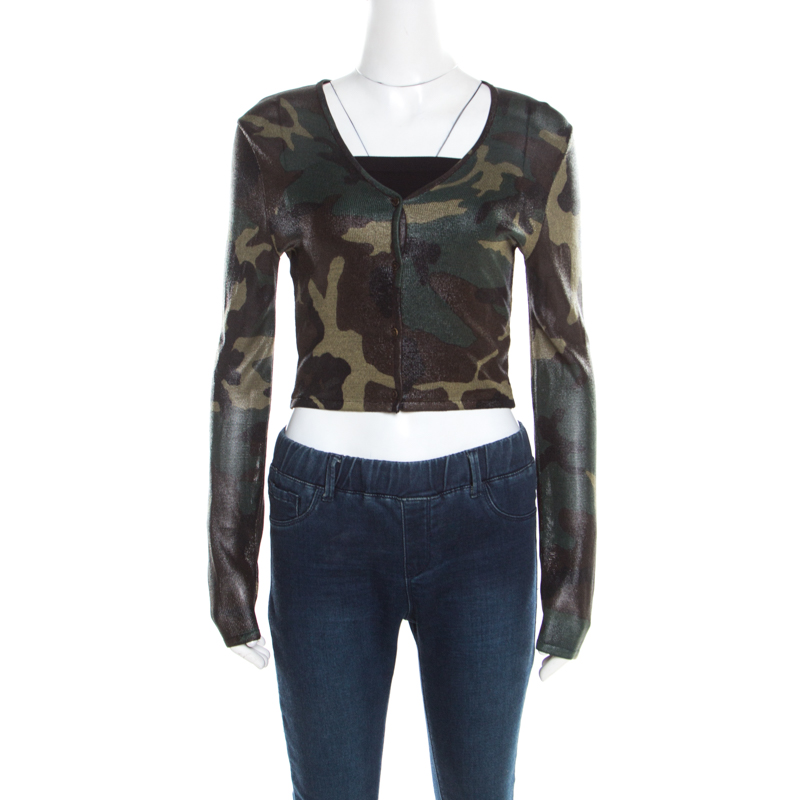 Christian Dior Green Metallic Camouflage Print Cropped Cardigan M