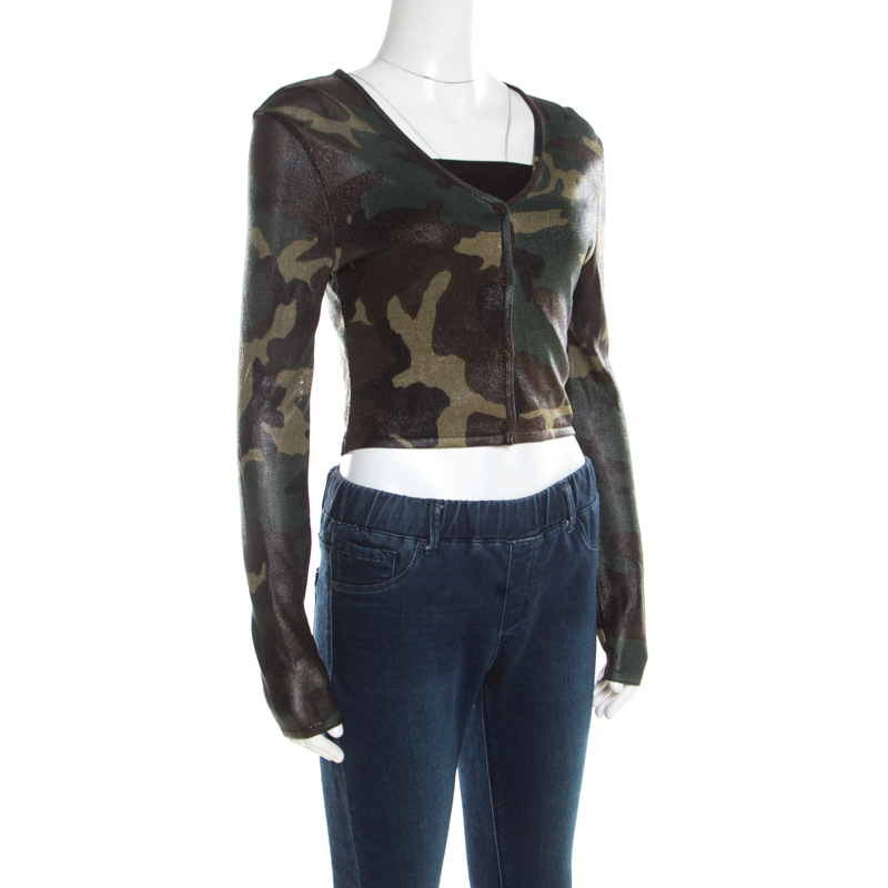 

Christian Dior Green Metallic Camouflage Print Cropped Cardigan