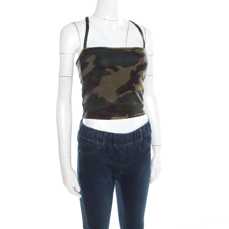 

Christian Dior Green Metallic Camouflage Print Cropped Halter Top