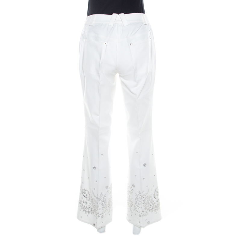 Pre-owned Dior White Cotton Paisley Sequin Embroidered Flared Jeans L