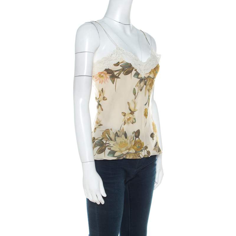 Pre-owned Dior Christian  Beige Floral Silk Lace Trim Camisole Top M