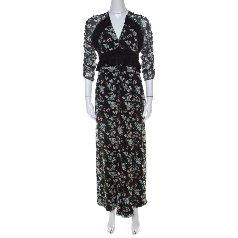 Dior Black Floral Print Silk Ruffle Detail Dress S Dior | The Luxury Closet