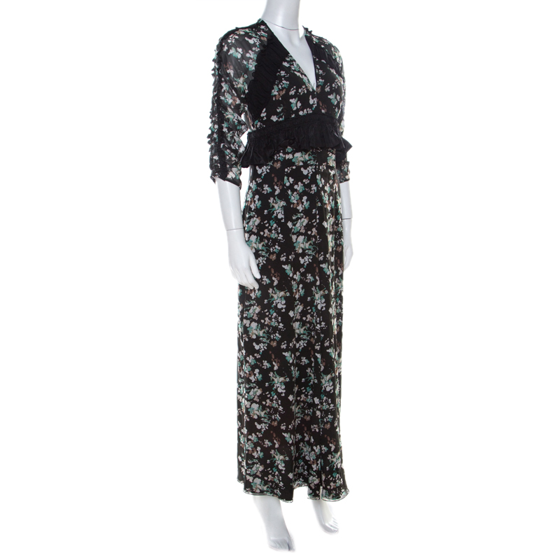 

Dior Black Floral Print Silk Ruffle Detail Dress