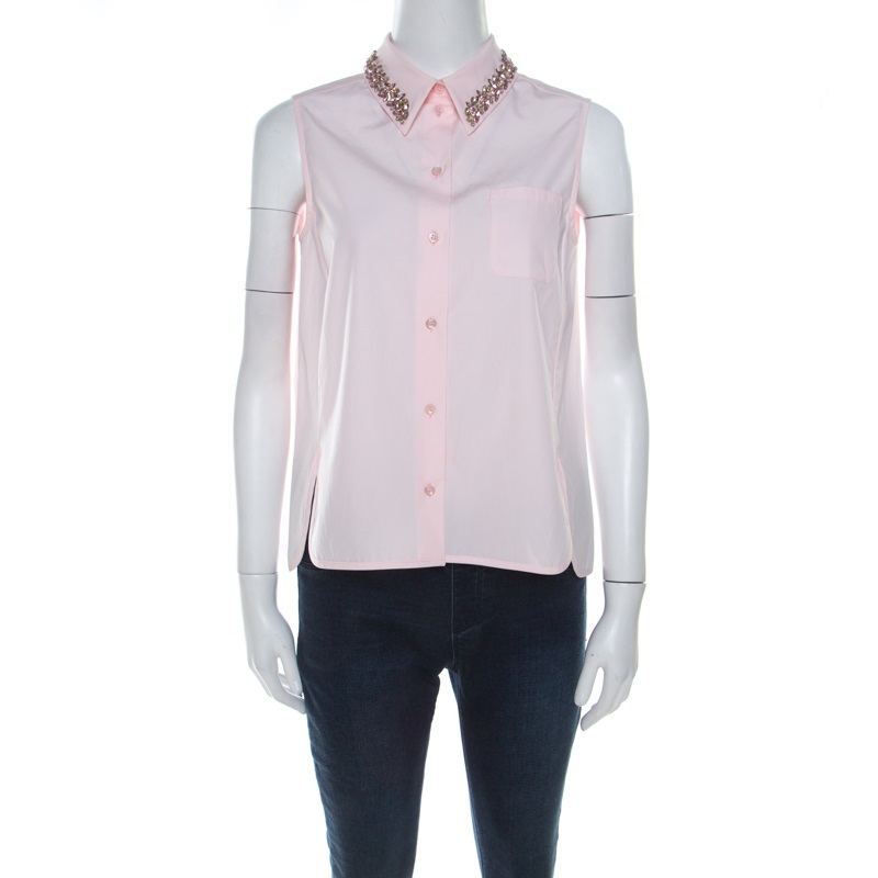 Christian Dior Pink Cotton Crystal Embellished Collar Sleeveless Shirt S