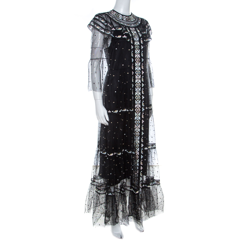 

Christian Dior Black Embroidered Tulle Tiered Maxi Dress