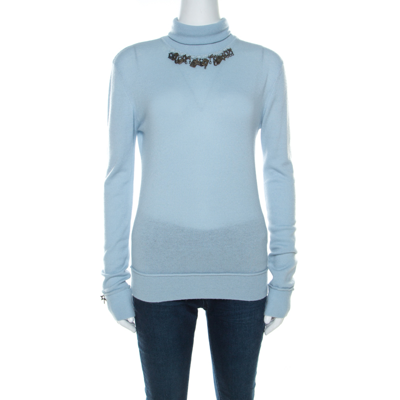 Dior Powder Blue Cashmere Embellished Turtleneck Sweater S