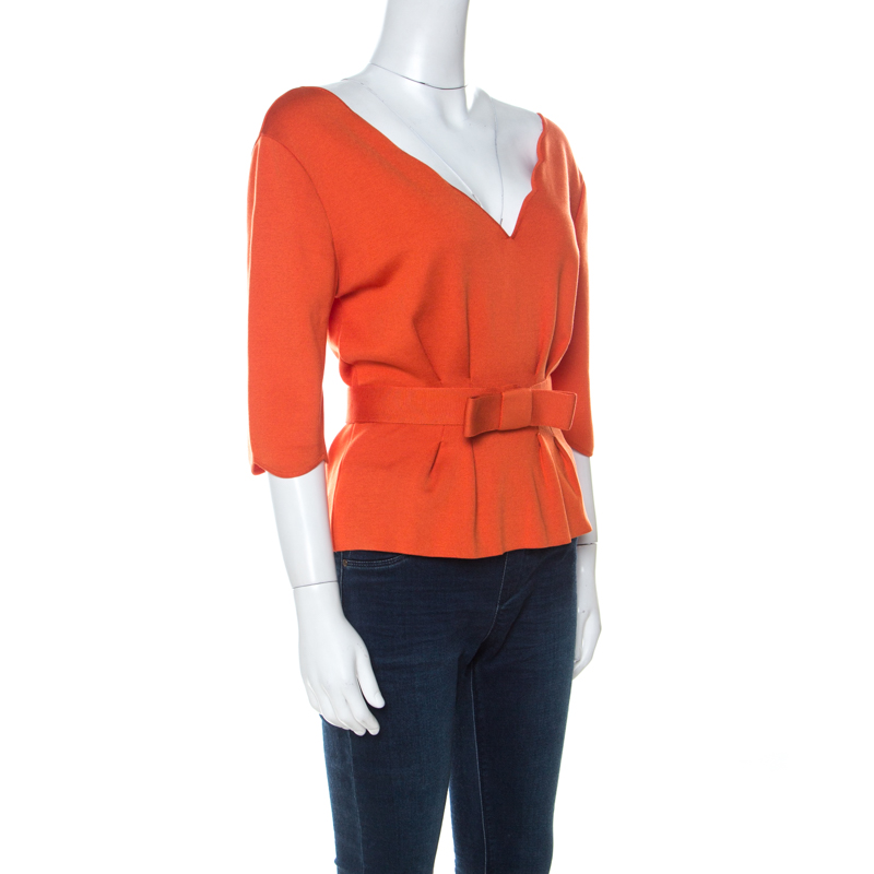 

Dior Burnt Orange Silk Blend Scallop Neckline Belted Peplum Top