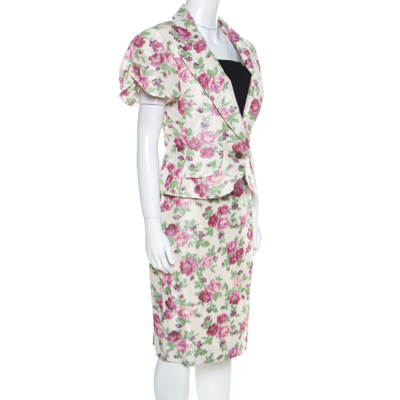 

Christian Dior Beige Floral Print Silk Skirt Suit