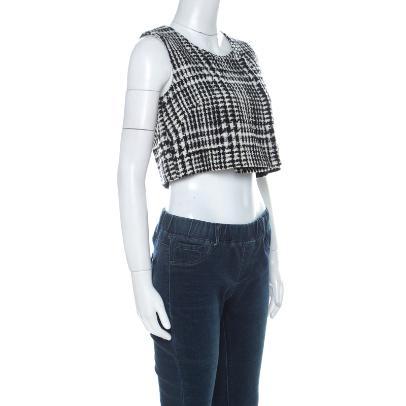 

Dior Black & White Tweed Sleeveless Double Breasted Fold Over Crop Top