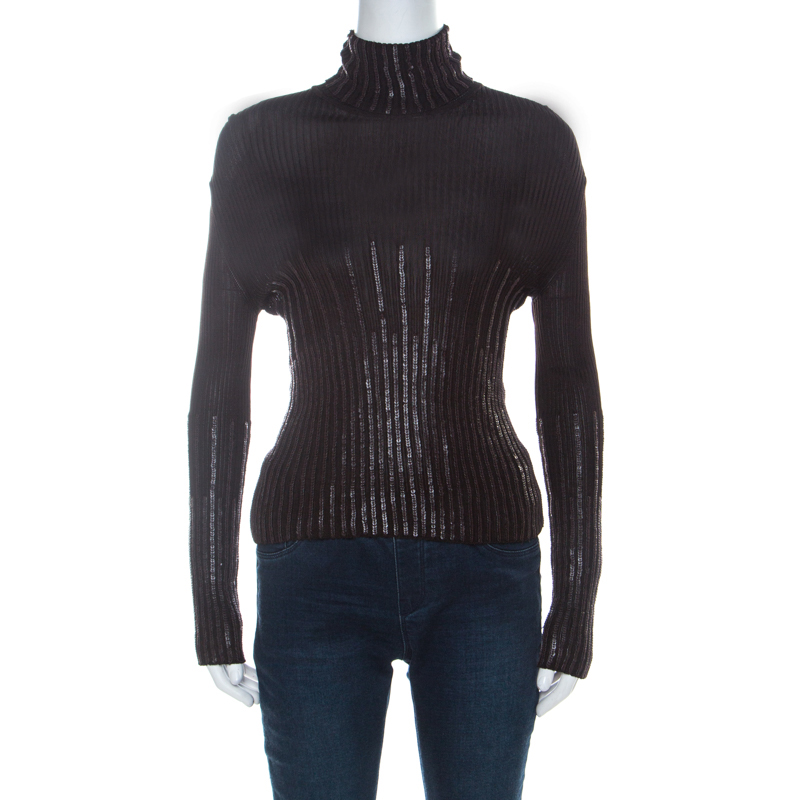 Pre Owned Dior Brown Ribbed Leather Sequin Detail Turtleneck Top L
