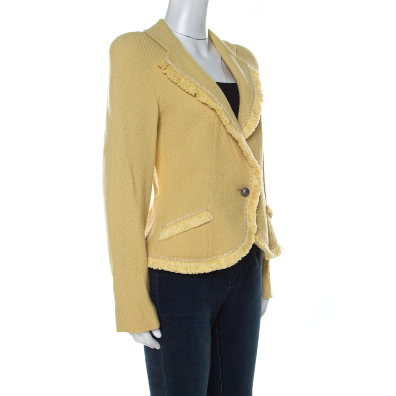 

Christian Dior Yellow Wool Ribbon Tweed Fringe Trim Detail Jacket