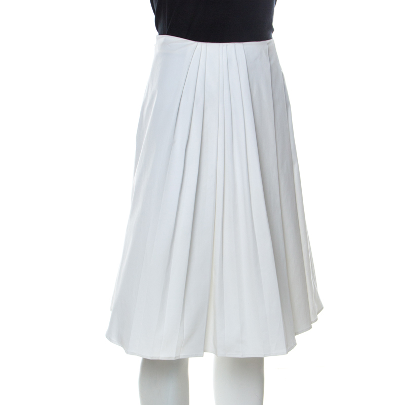 

Dior White Stretch Cotton Pleated Midi Skirt