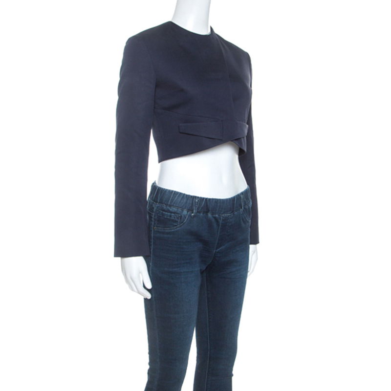 

Dior Navy Blue Crepe Overlap Buttoned Cropped Blazer