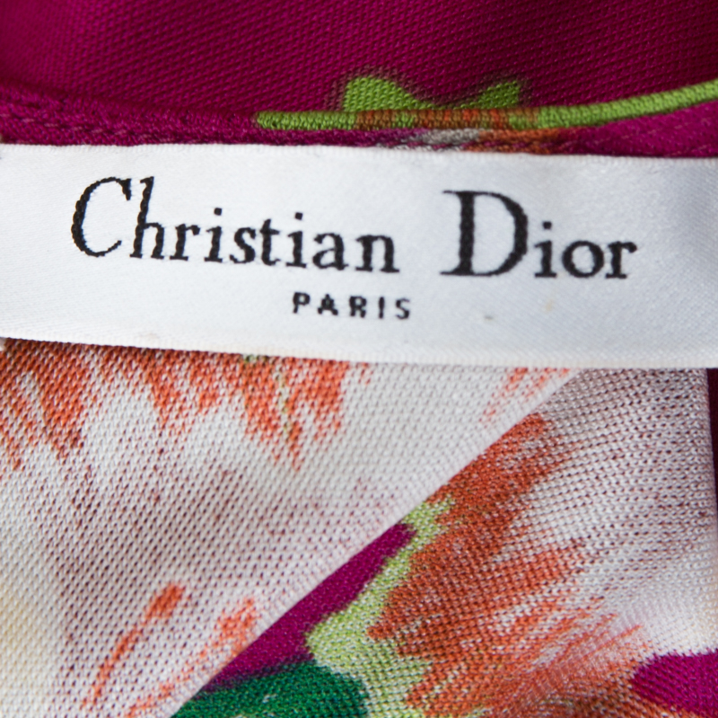 Pre-owned Dior Fuschia Floral Printed Silk Mini Dress L In Pink