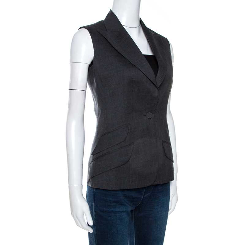 

Christian Dior Grey Wool Gabardine Single Button Sleeveless Blazer