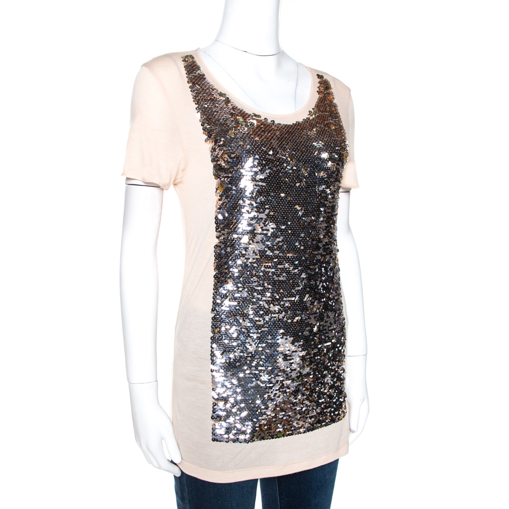 

Dior Pale Pink Sequin Paillette Embellished Modal Jersey Top