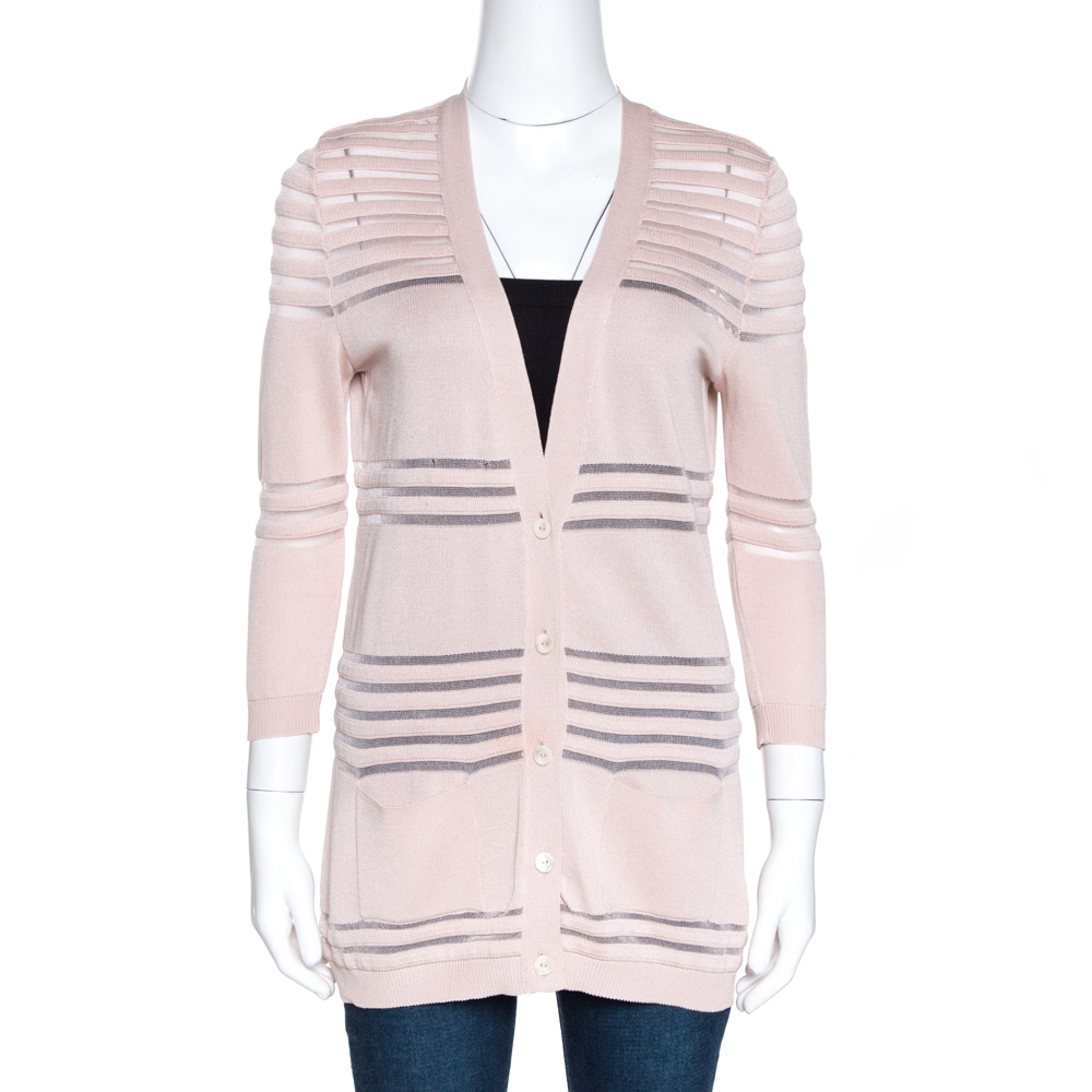 Dior Pale Pink Striped Silk Blend Button Front Cardigan L