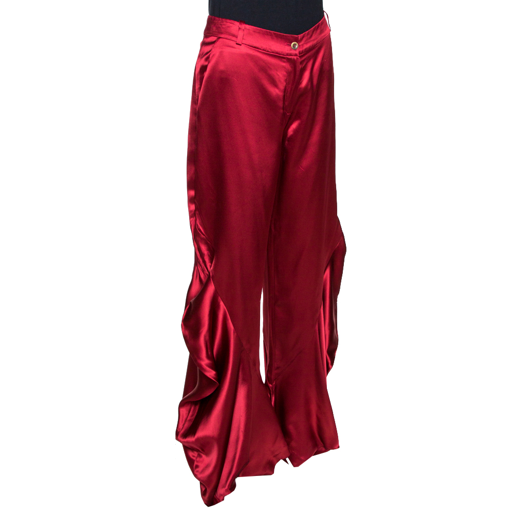 

Dior Red Silk Satin Ruffle Detail Wide Leg Pants