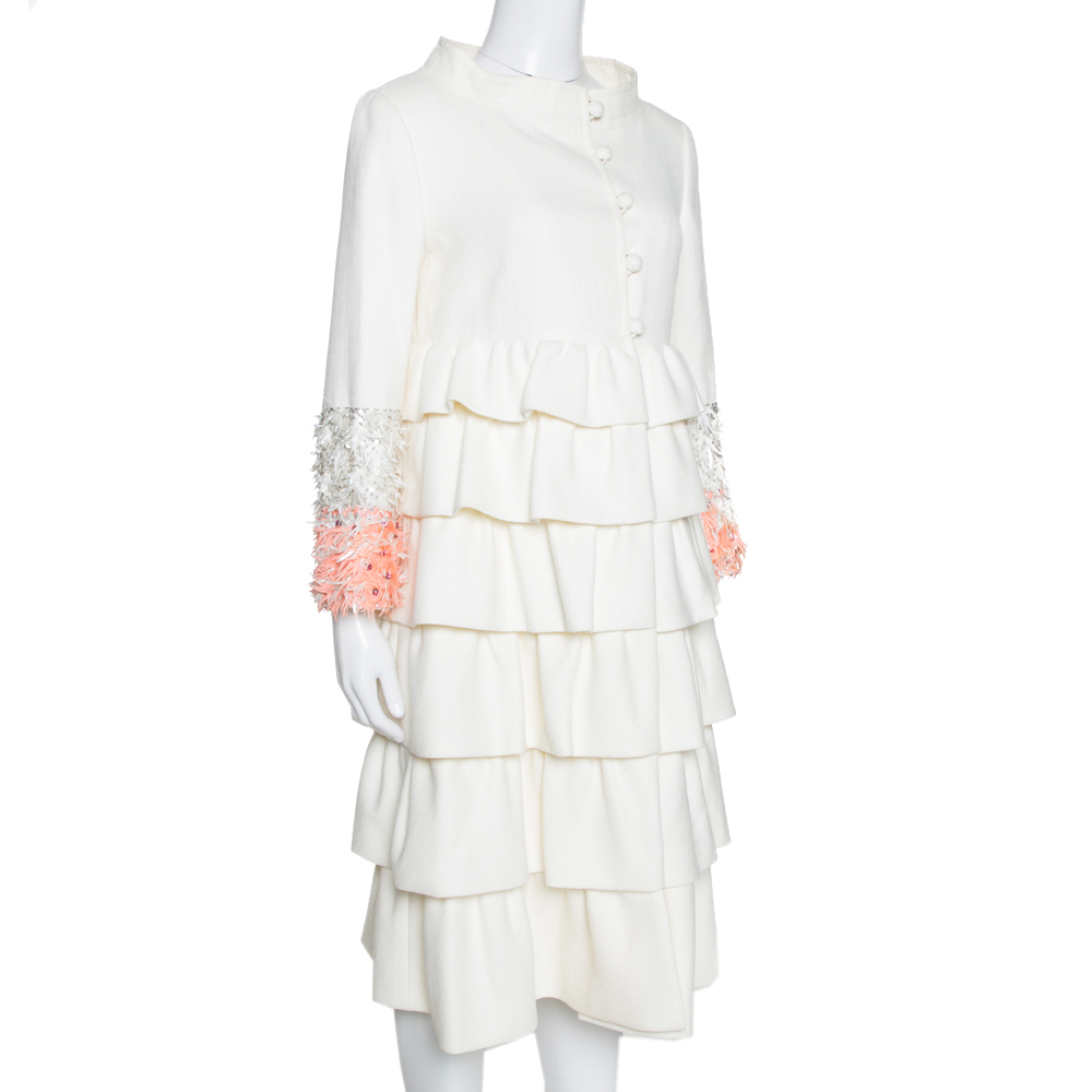 

Christian Dior Cream Cotton Ruffled Embellished Sleeve Coat