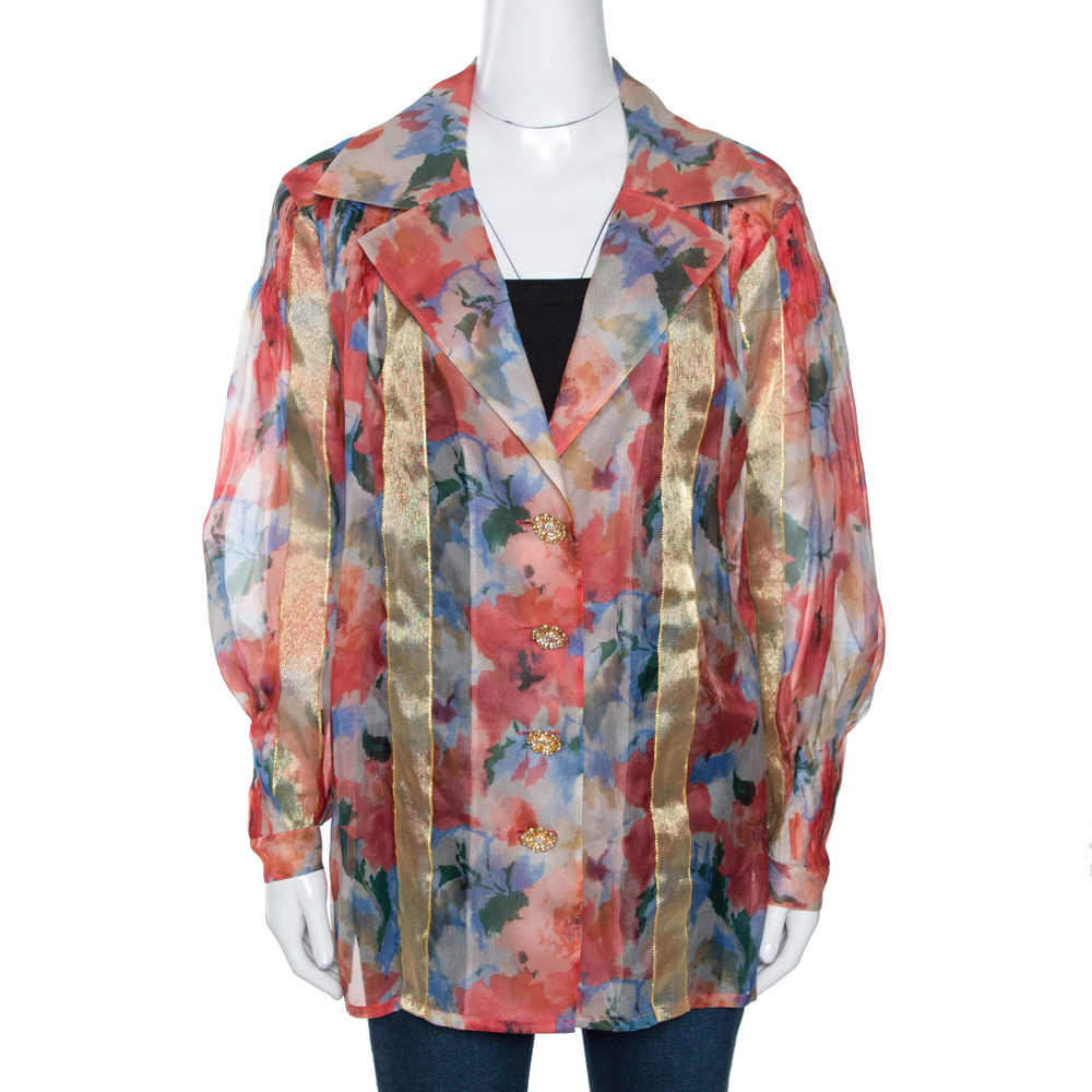 Pre Owned Christian Dior Boutique Multicolor Floral Print Silk Oversized Blouse L