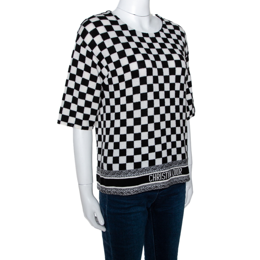 

Dior Black & White Checkered Cashmere Top