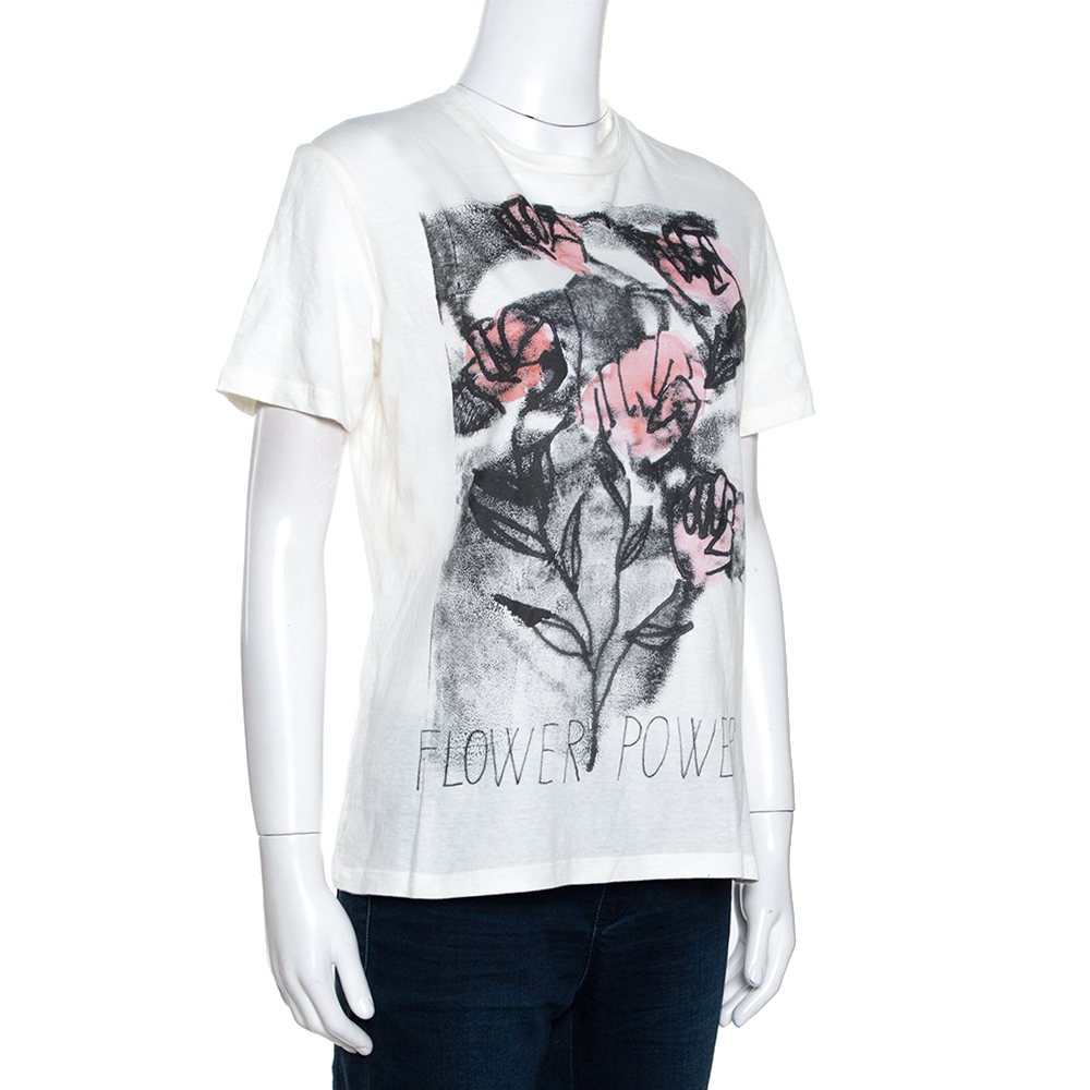 

Dior Off White Flower Power Print Cotton Linen T-Shirt, Cream