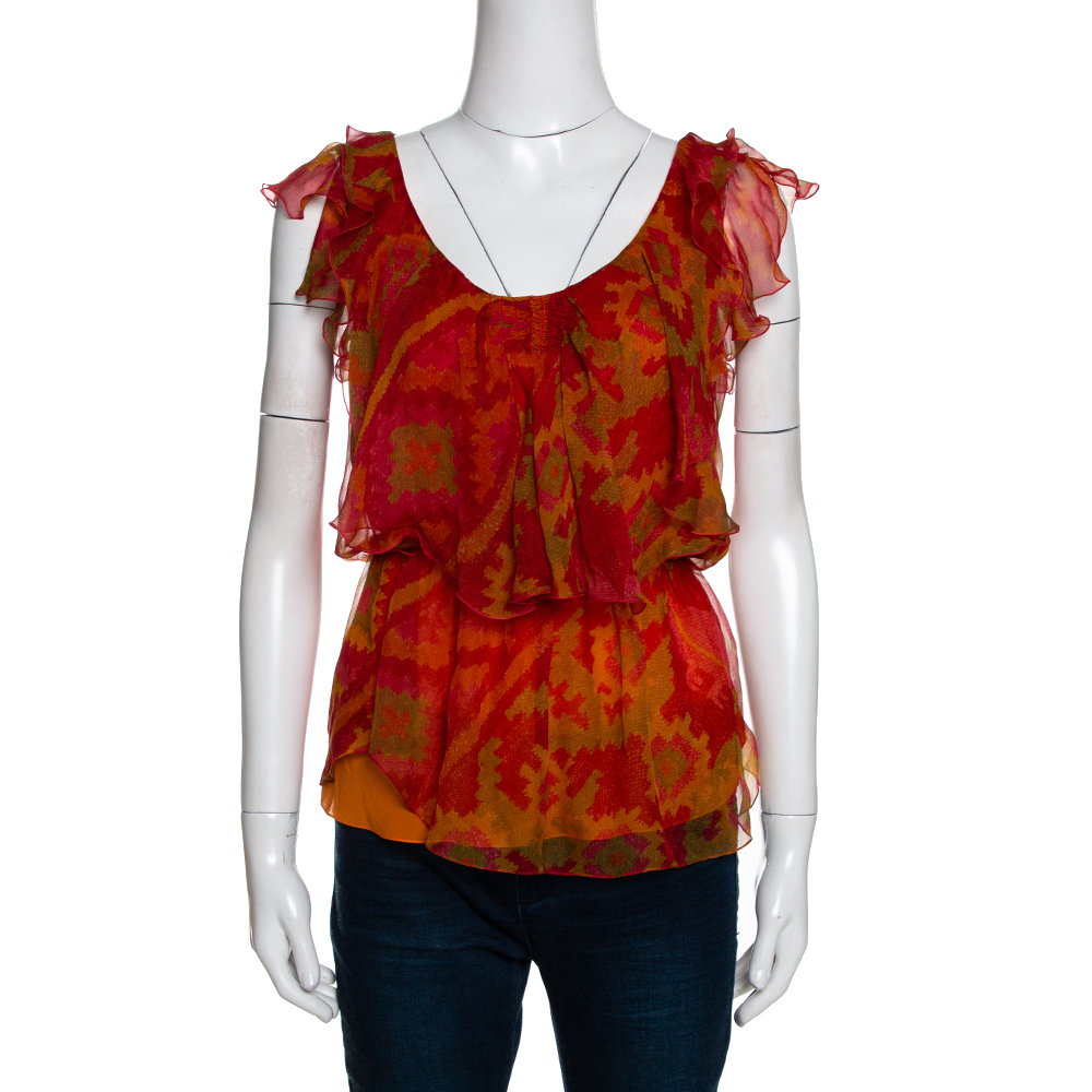 Pre Owned Christian Dior Boutique Orange Abstract Printed Chiffon Ruffled Top S