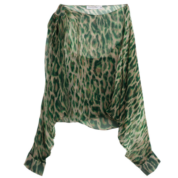 Christian Dior Green Leopard Printed Chiffon Top L