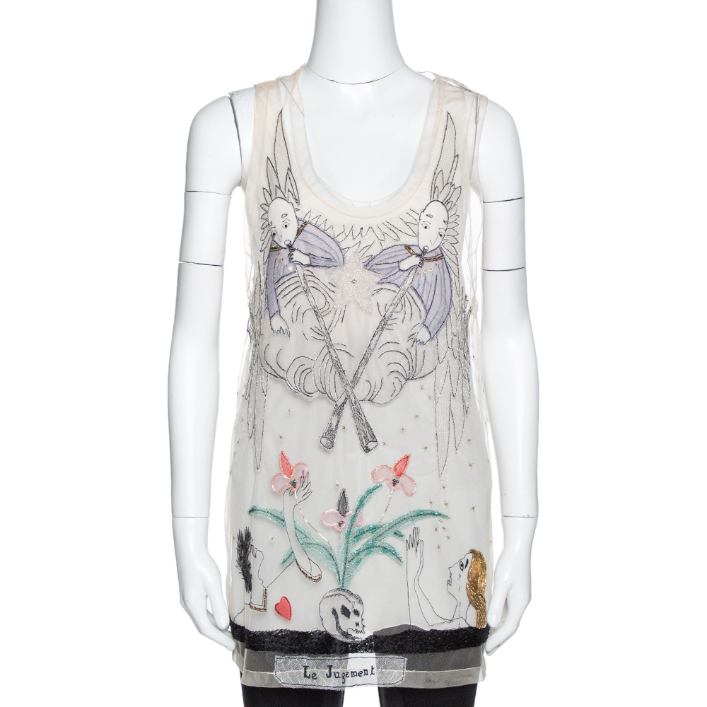 DIOR CREAM LE JUGEMENT EMBROIDERED TULLE SLEEVELESS TOP S