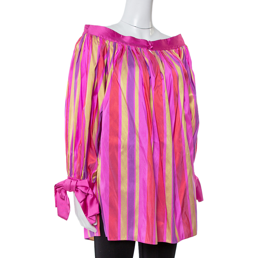 

Dior Multicolor Striped Raw Silk Gathered Blouse