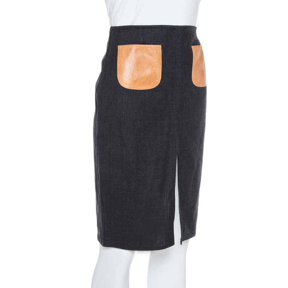

Dior Black Linen Blend Leather Pocket Detail Skirt