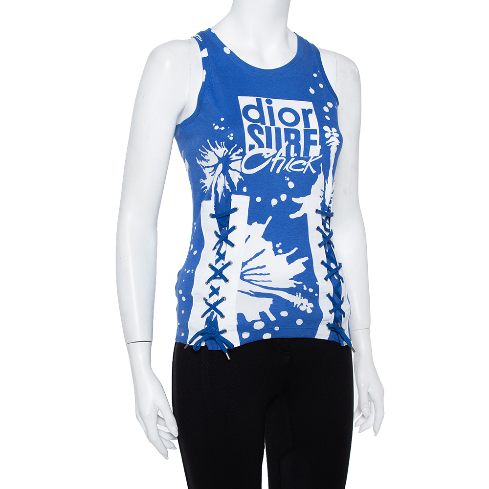 

Christian Dior Blue Surf Chick Printed Cotton Racer Back Detail Top