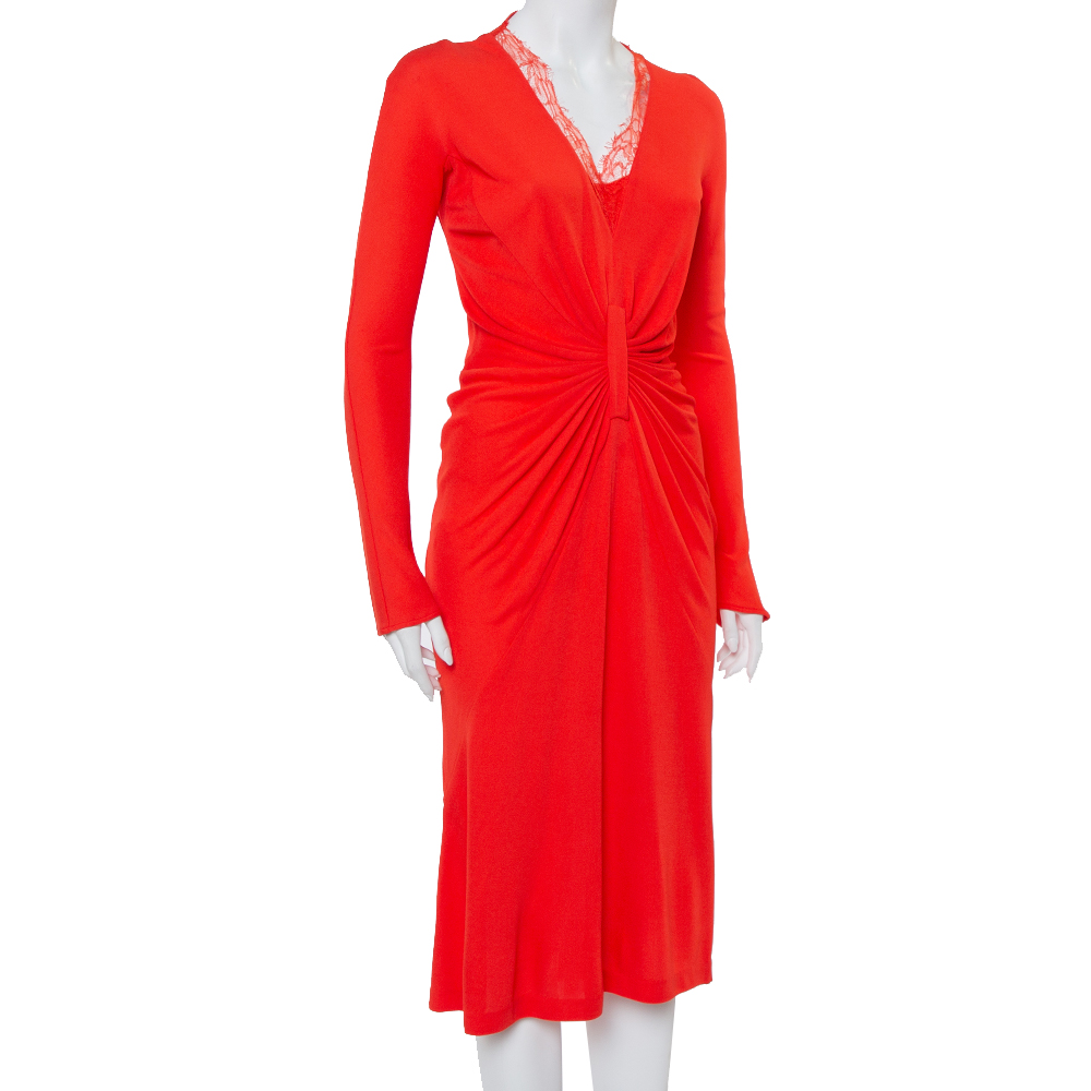

Christian Dior Red Knit Lace Trim Draped Detail Midi Dress