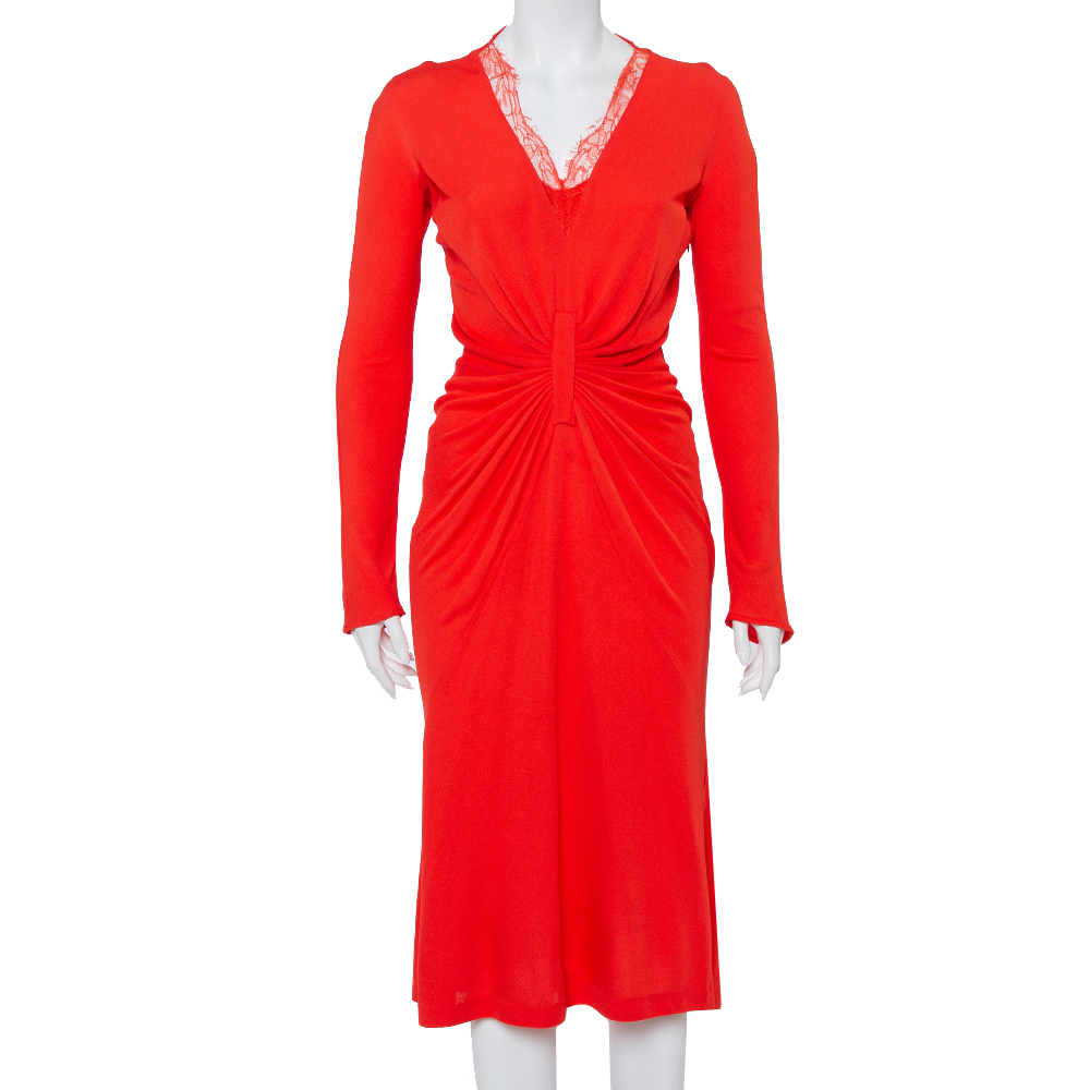 Pre-owned Dior Christian  Red Knit Lace Trim Draped Detail Midi Dress L