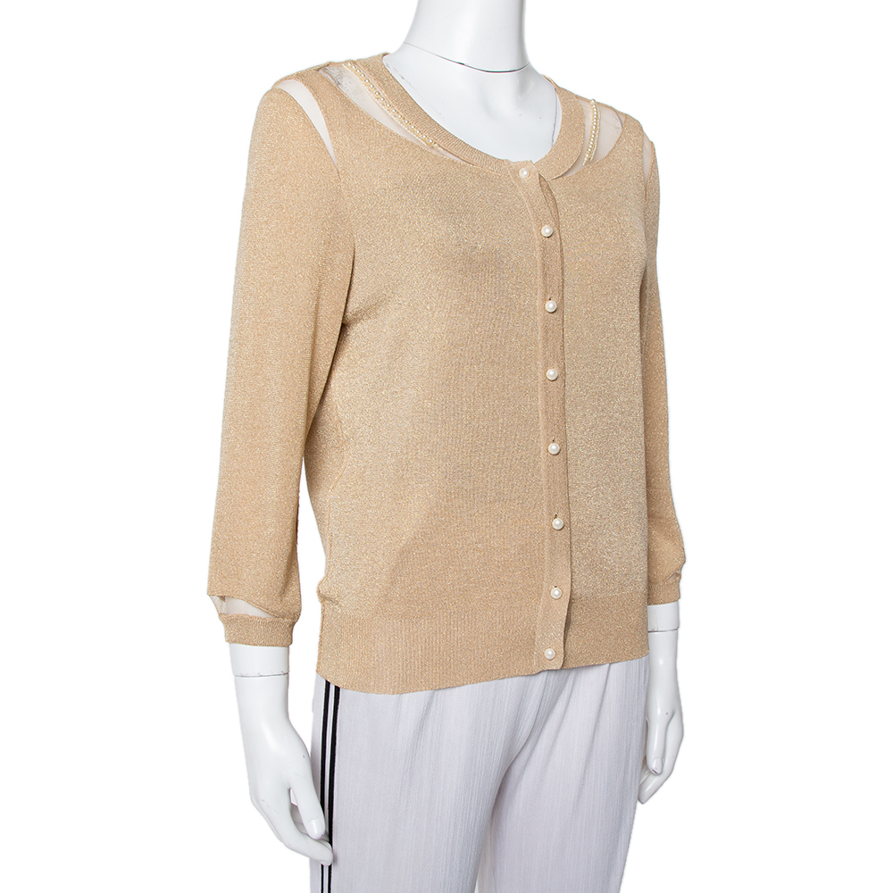 

Christian Dior Gold Lurex Knit Bead Embellished Button Front Cardigan