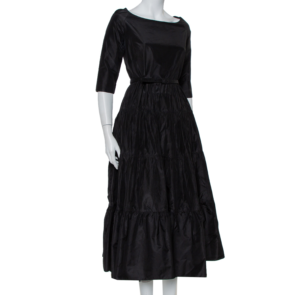 

Christian Dior Black Silk Belted Tiered Maxi Dress