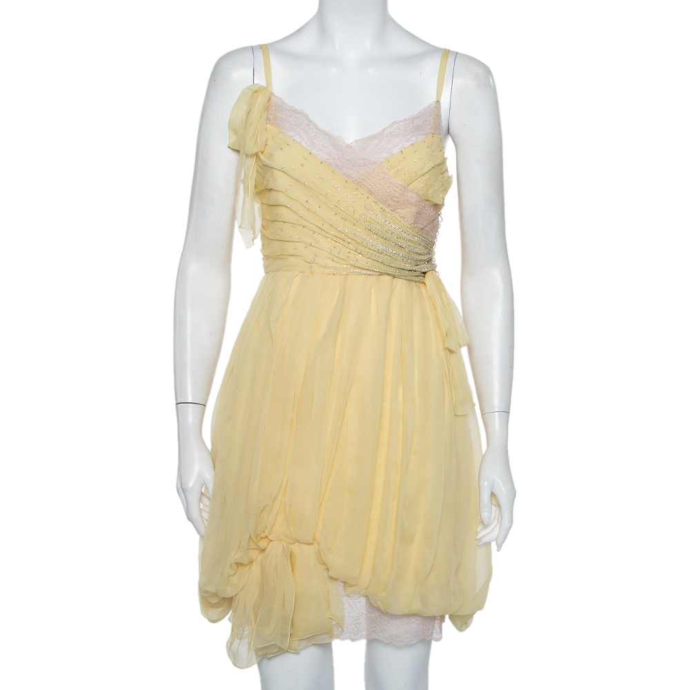 Pre-owned Dior Christian  Yellow Embellished Silk Lace Detail Mini Dress S
